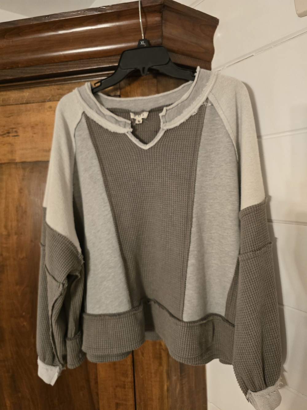 POL Two-Tone Grey Waffle-Knit Patchwork Pullover